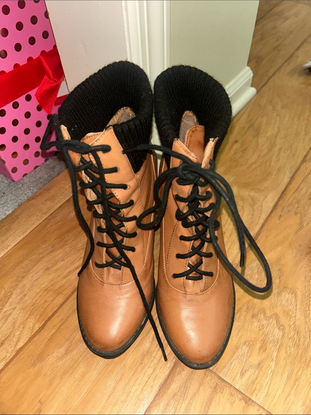 Deena & Ozzy Tan Lace-Up Ankle Boots with Black Knit Collar
